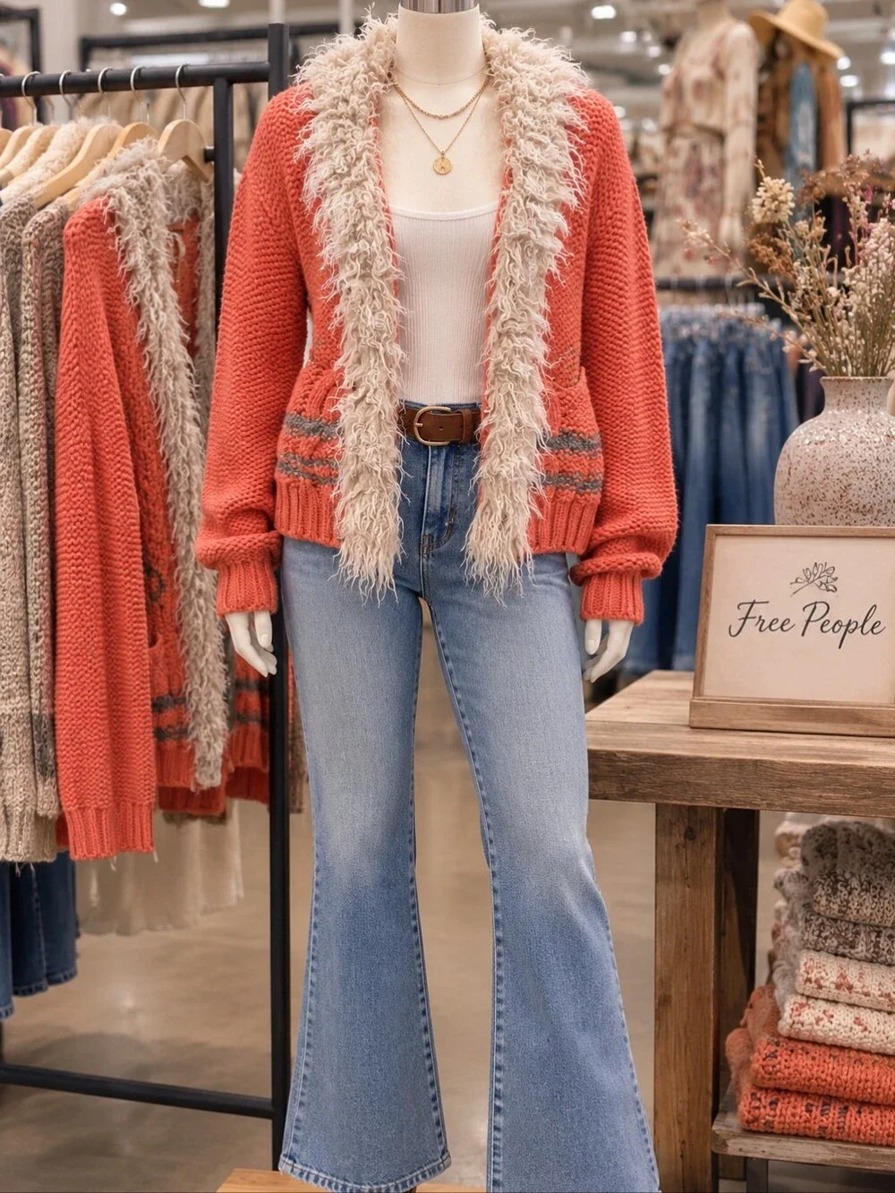 Free People Coral Knit Cardigan with Cream Faux-Fur Trim
